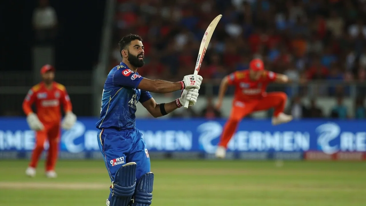 Wankhede Stadium close-up with a batter playing an attacking drive along the ground, fielder closing in from cover