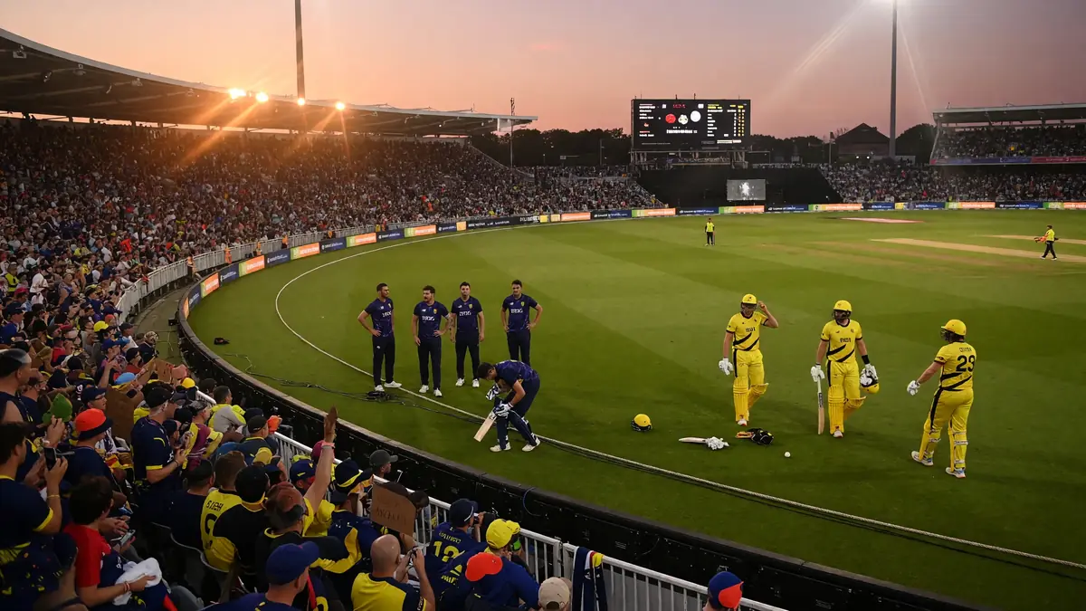 Sunset cricket ground with a full crowd, yellow-kit batters near the rope and blue-kit fielders gathered on the outfield